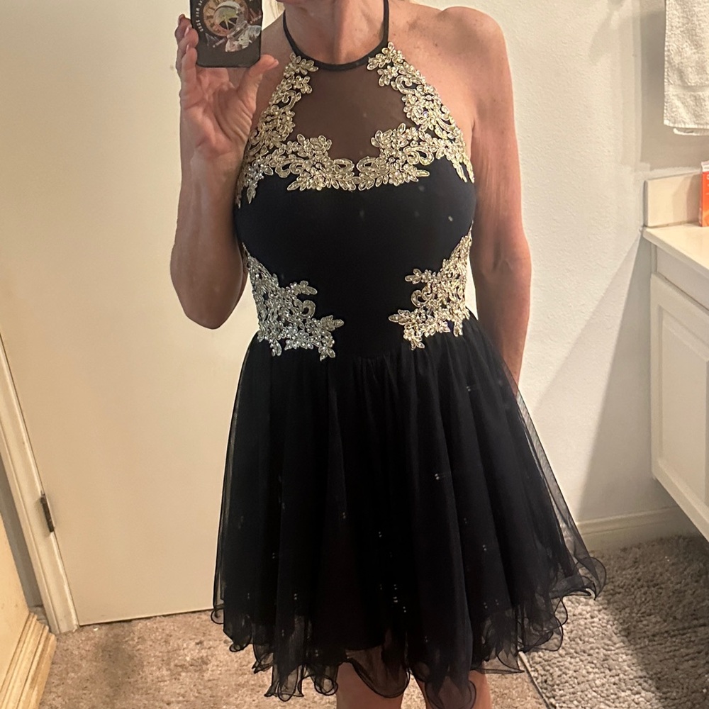 Blondie Nites Navy and Gold Lace Mini Dress. Size 1 or I would say a small